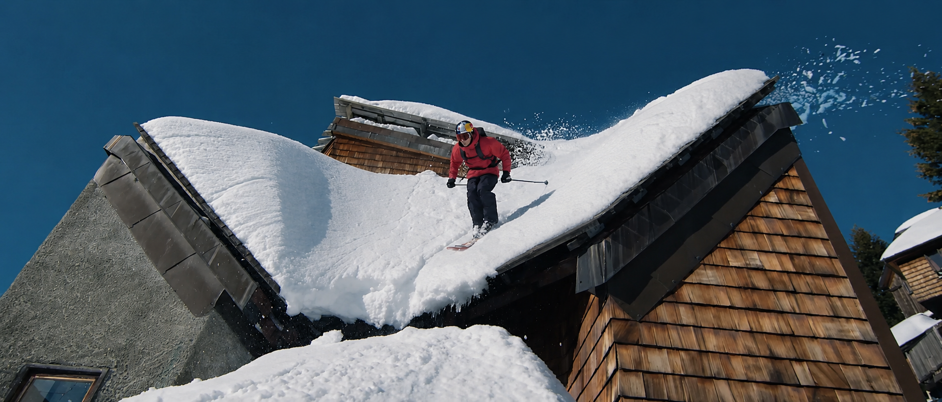 Richard Permin skiing across the snow-loaded rooftops of Avoriaz in Good Morning